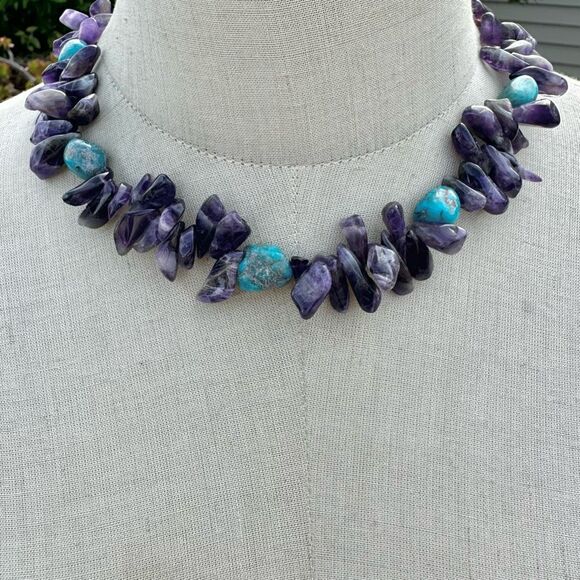 AMETHYST TURQUOISE NATURAL NUGGET necklace STERLING silver clasp - Picture 1 of 10